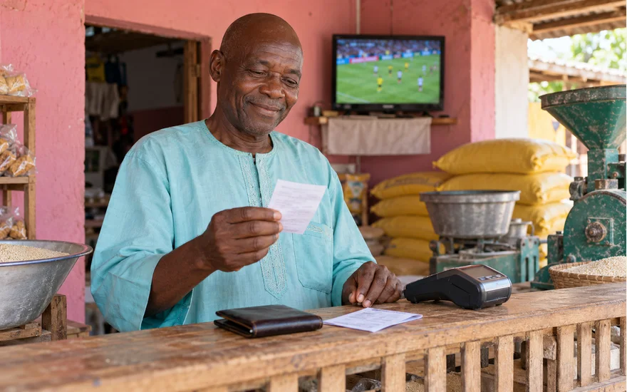 Mwanaume mzima Tanzania akisoma risiti karibu na terminal ya malipo na televisheni ya mpira