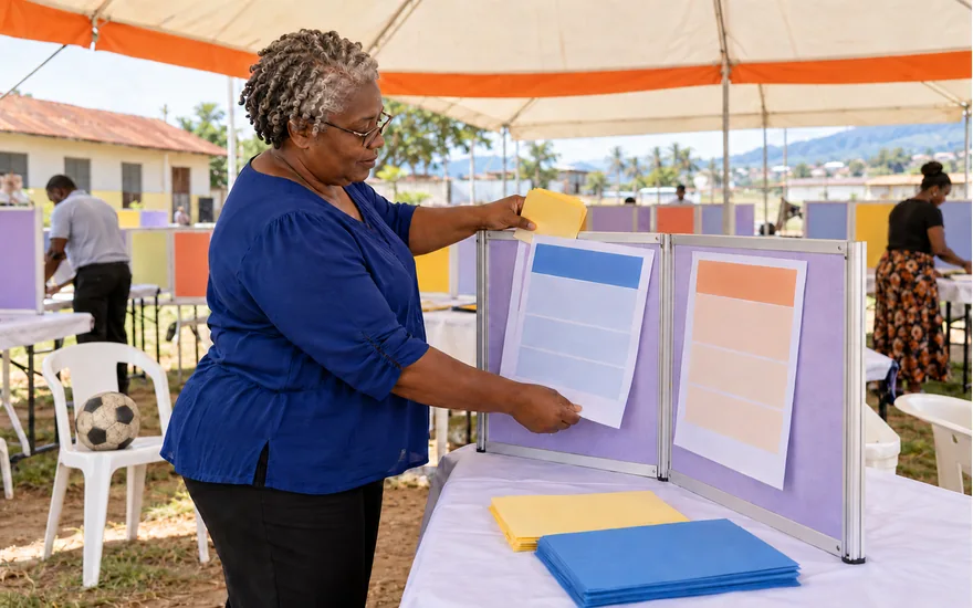 Mwanamke akipanga karatasi mbili za kulinganisha huduma chini ya hema la maonesho ya vitabu vya michezo Tanzania