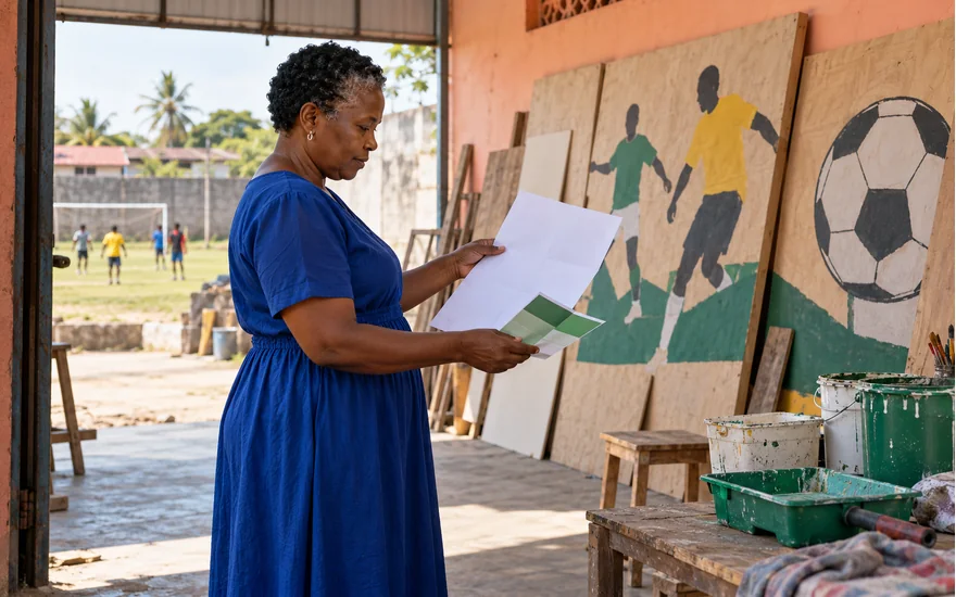 Mwanamke akifungua karatasi ya masharti karibu na maandalizi ya mchoro wa mpira Tanzania