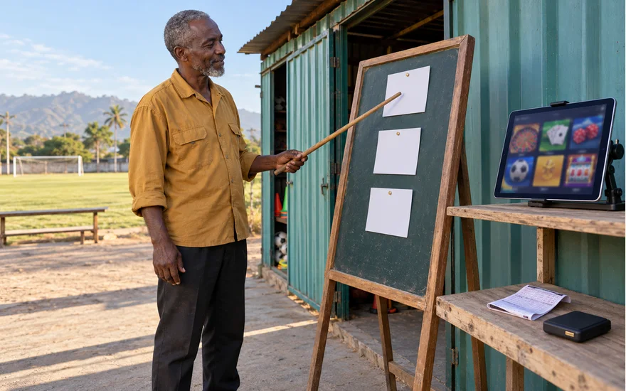 Mwanaume mzima Tanzania akieleza tofauti za njia za kidijitali kwenye ubao karibu na skrini ya casino