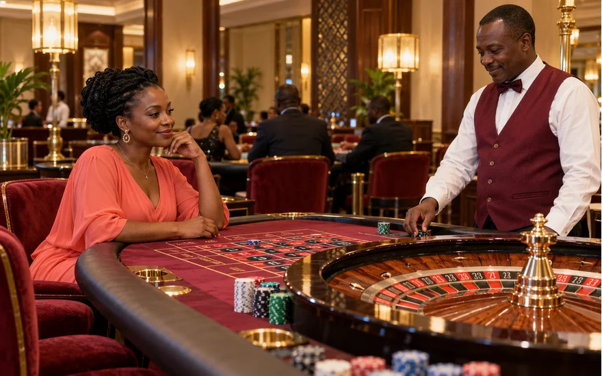 Mwanamke mzima na mhudumu wa casino karibu na meza ya roulette, chipu na taa za shaba Tanzania