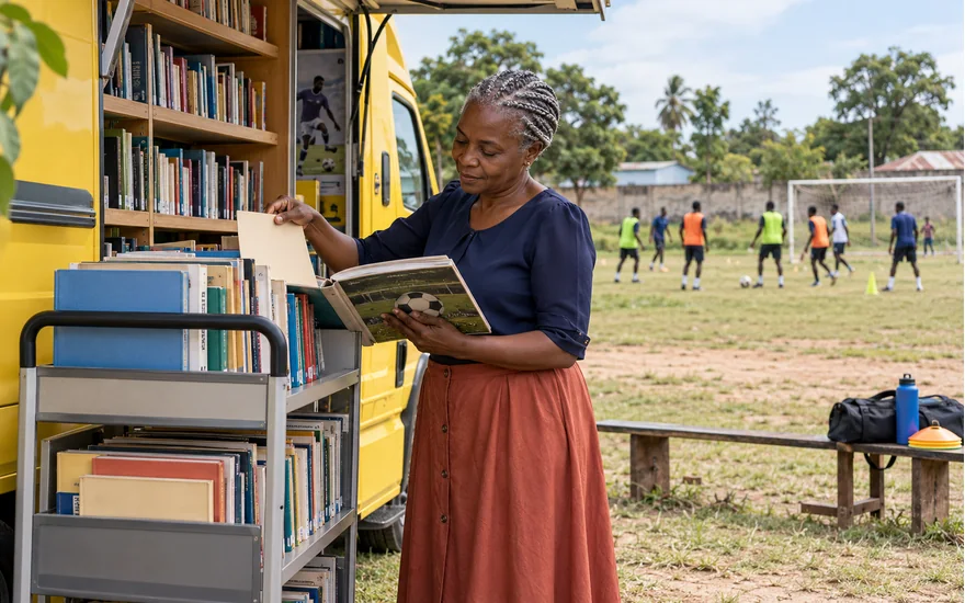 Mwanamke akitafuta kitabu cha kanuni kwenye maktaba inayohamishika karibu na uwanja Tanzania