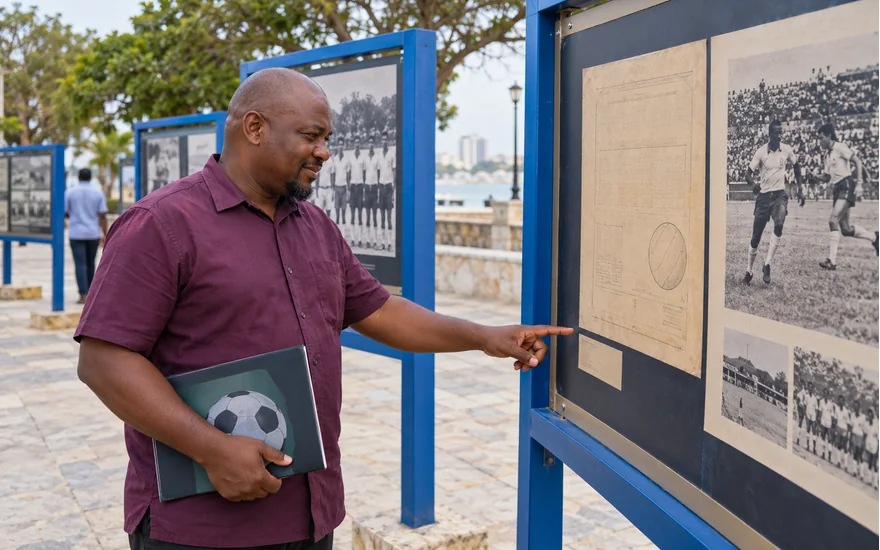 Mwanamume akisoma jalada kwenye maonesho ya historia ya michezo yenye fremu za buluu Tanzania