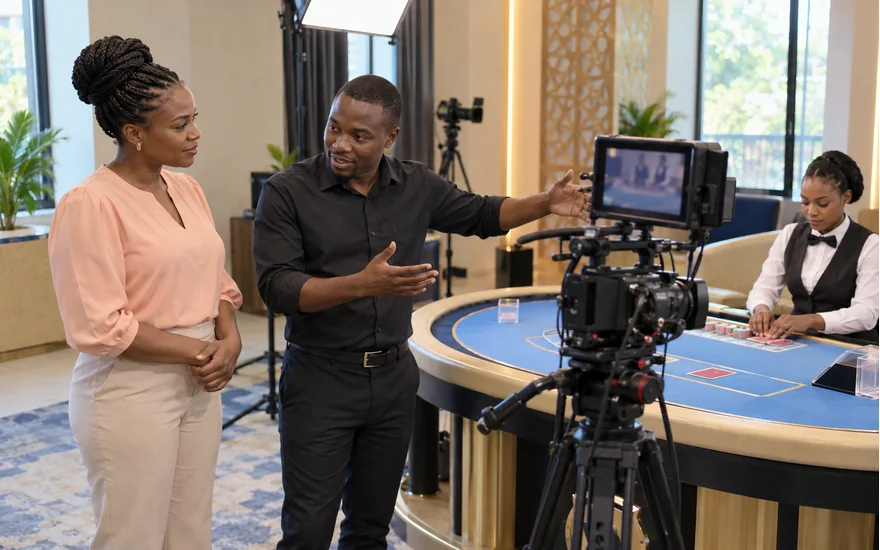 Mwanamke akisikia maelezo ya kamera pembeni ya meza ya baccarat kwenye studio yenye mwanga Tanzania