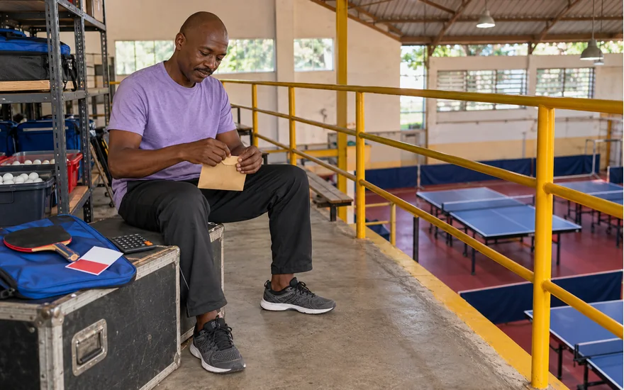 Mwanamume akifunga bahasha ya bajeti kwenye ghala la vifaa vya tenisi ya mezani Tanzania