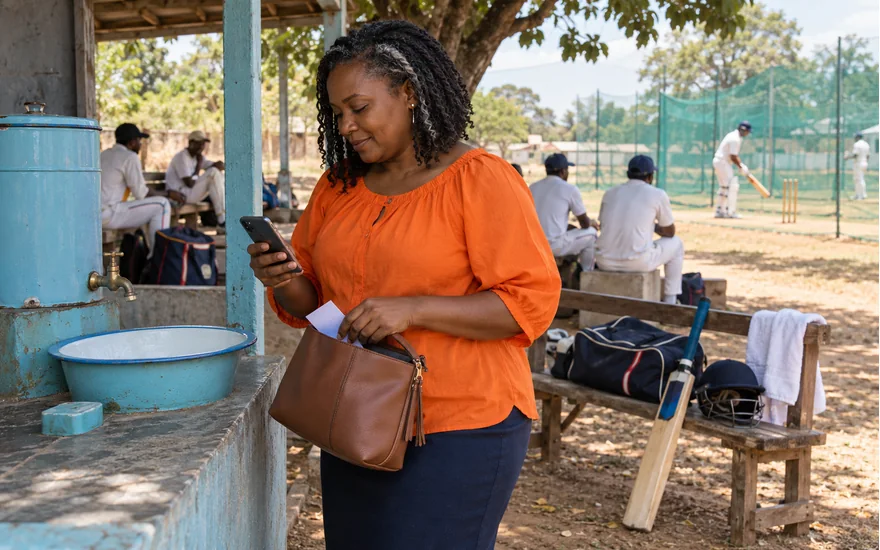 Mwanamke akiangalia simu karibu na vifaa vya kriketi na sehemu ya kunawia Tanzania