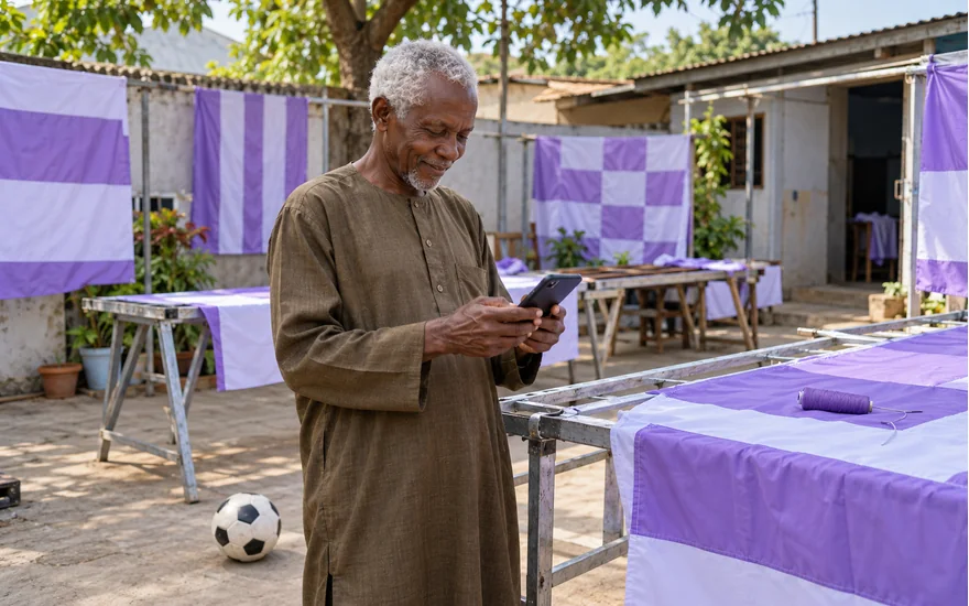 Mwanamume akiangalia ujumbe wa pochi kwenye ua wa maandalizi ya bendera za mashabiki Tanzania