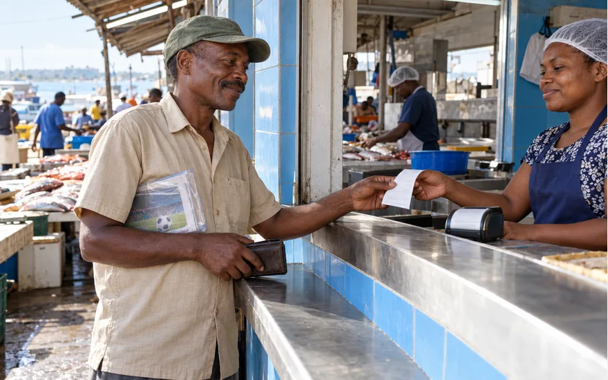 Mwanaume mzima Tanzania akipokea risiti kwenye dirisha la huduma ya malipo lenye terminal