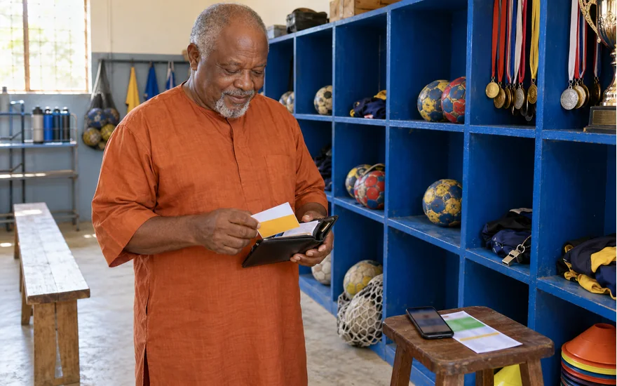 Mwanamume akichukua vocha kwenye chumba cha kuhifadhi medali chenye makabati ya buluu Tanzania