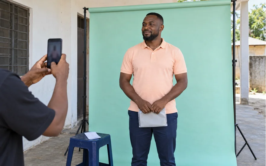 Mwanamume akiandaa picha ya akaunti katika kona ya upigaji picha ya klabu Tanzania