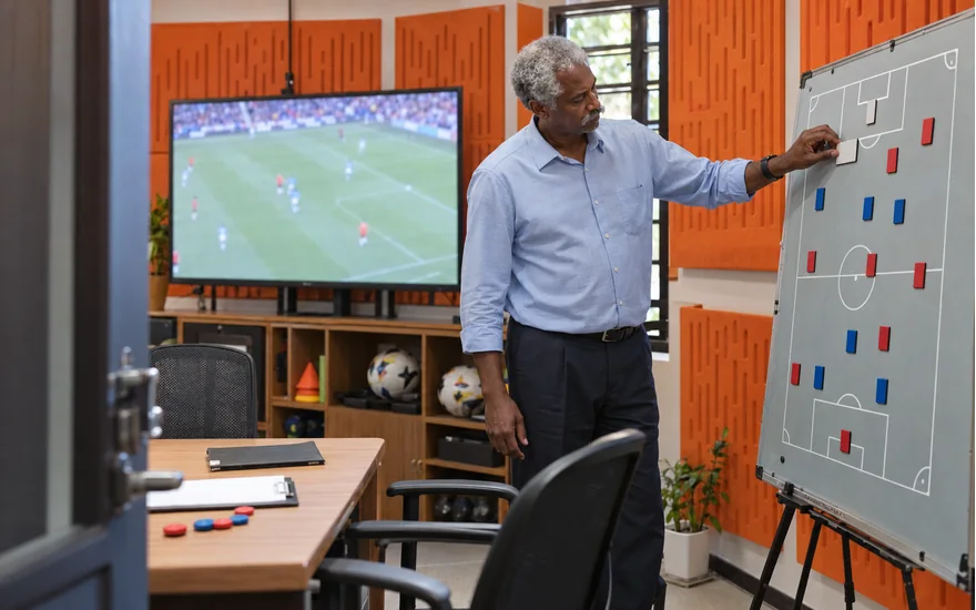 Mwanamume akipanga kadi ya mechi kwenye ubao katika chumba cha uchambuzi wa video Tanzania