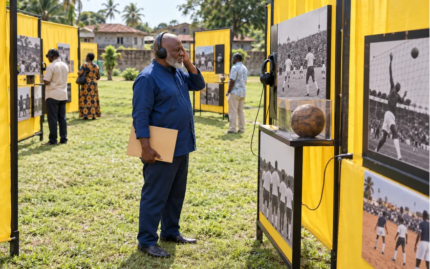 Mwanamume akisikiliza historia ya mpira kupitia vipokea sauti katika maonesho ya nje Tanzania