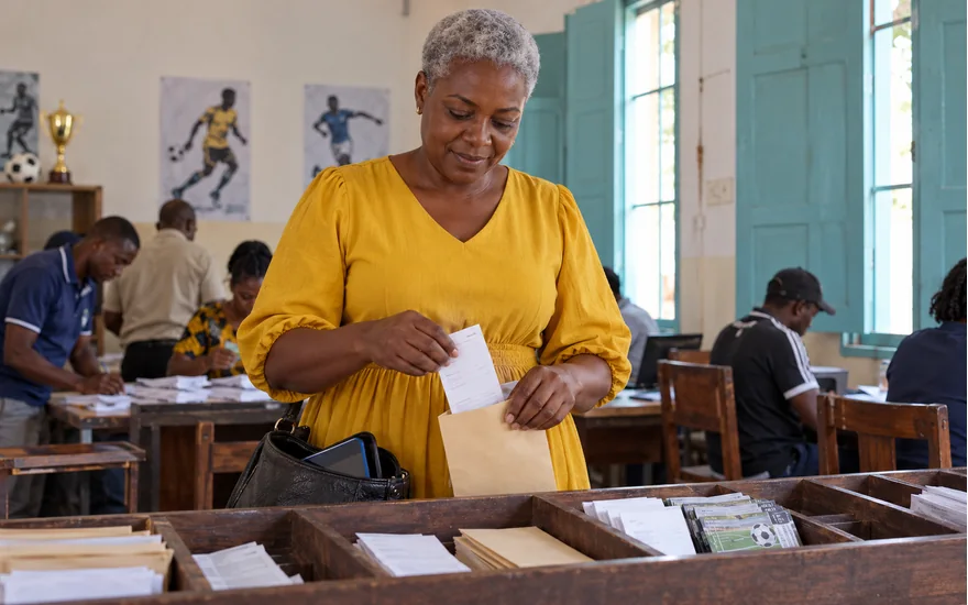 Mwanamke akiweka risiti kwenye bahasha katika chumba chenye madirisha ya kijani bahari Tanzania