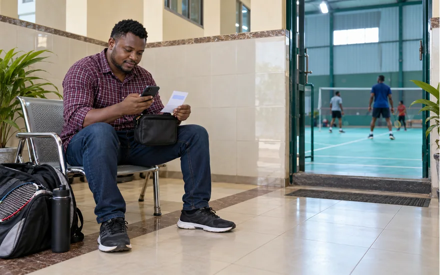Mwanamume akilinganisha risiti na simu katika mlango wa klabu ya badminton Tanzania