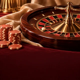 Gurudumu la roulette na chipu katika picha ya sehemu ya casino